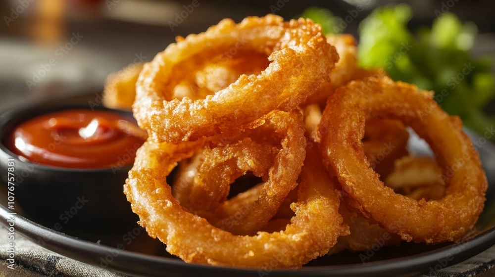 Crispy Golden Onion Rings with Ketchup Dipping Sauce Crispy Golden Onion Rings with Ketchup Dipping Sauce