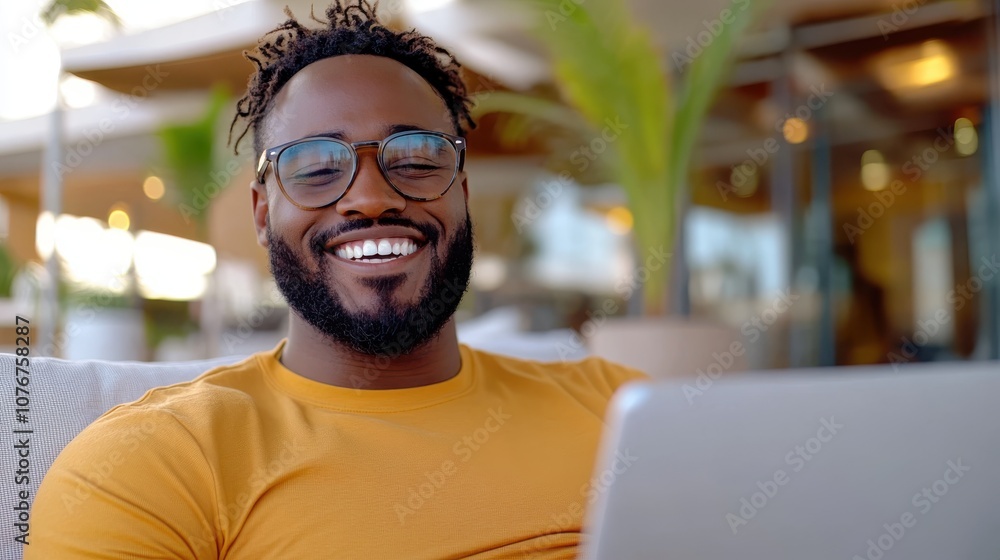 Naklejka premium A joyful man with modern glasses smiles as he engages with his laptop in a stylish outdoor setting, epitomizing the digital age and connectivity.
