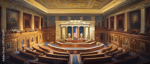 Illustrate the House of Representatives in a photorealistic oil painting style, emphasizing its historical significance and ornate features with a wide-angle perspective