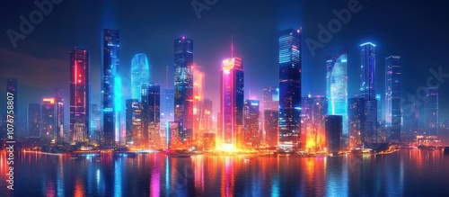 Wallpaper Mural A modern cityscape at night with skyscrapers illuminated by colorful lights reflected in the water. Torontodigital.ca