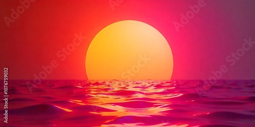 A large glowing sun setting on the horizon over a calm ocean