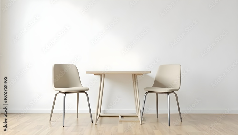 A high-definition depiction of a minimalist dining space. A small, rectangular table with a light-colored top is placed centrally against a stark white wall, flanked by two matching chairs with metal A high-definition depiction of a minimalist dining space. A small, rectangular table with a light-colored top is placed centrally against a stark white wall, flanked by two matching chairs with metal
