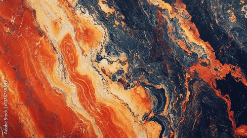 Vibrant abstract fluid art resembling molten lava flows, with swirling patterns of fiery orange, deep blue, and golden hues creating a dramatic geological-inspired composition. photo