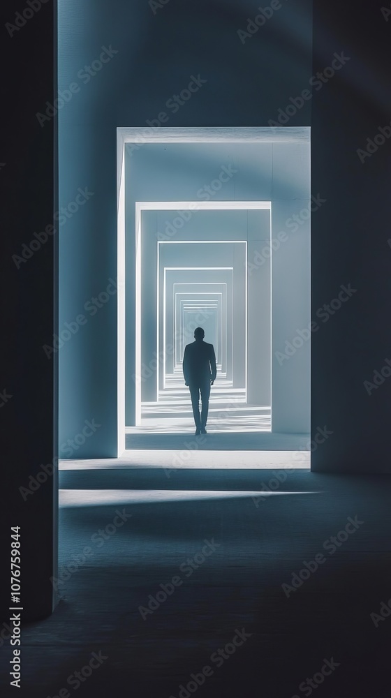Silhouette of a Person Walking Through a Futuristic Corridor Silhouette of a Person Walking Through a Futuristic Corridor