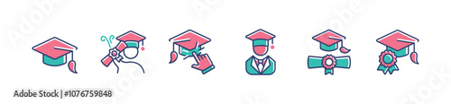 education school student graduation hat icon set college academy success diploma achievement with certificate scroll ceremony signs vector illustration