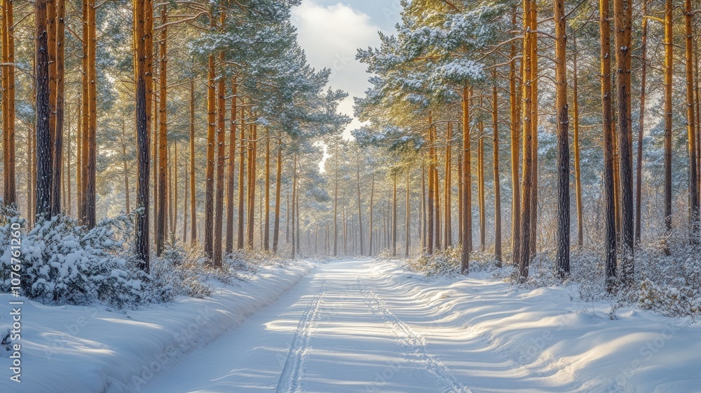 Naklejka premium A snow-covered forest with tall pine trees and a path leading into the distance