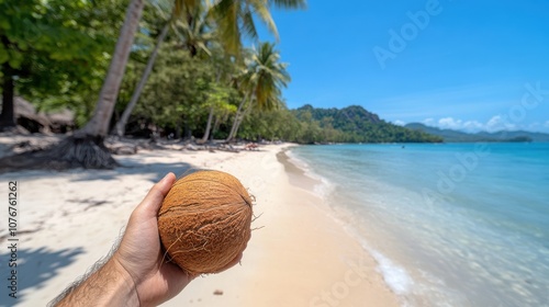 A hand clasping a whole coconut against the backdrop of a picturesque tropical beach with clear blue water, symbolizing relax and nature's bounty on a sunny day. photo