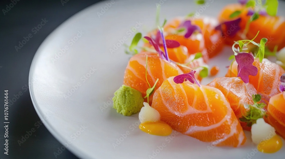 Fresh Raw Salmon Sashimi with Delicate Garnish Fresh Raw Salmon Sashimi with Delicate Garnish