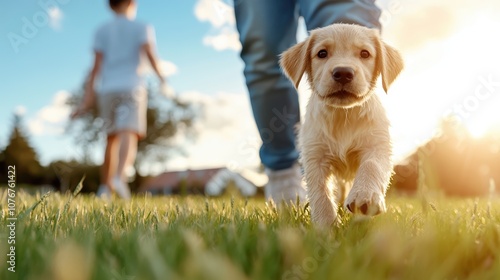 A playful young puppy explores a sunny grassy field, capturing the essence of innocence and curiosity, with a person in the background adding to the lively scene. photo