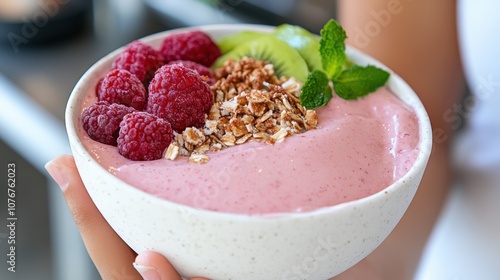 A delicious pink fruit smoothie bowl, topped with fresh raspberries, kiwi, and granola, representing a healthy and vibrant breakfast or snack choice. photo