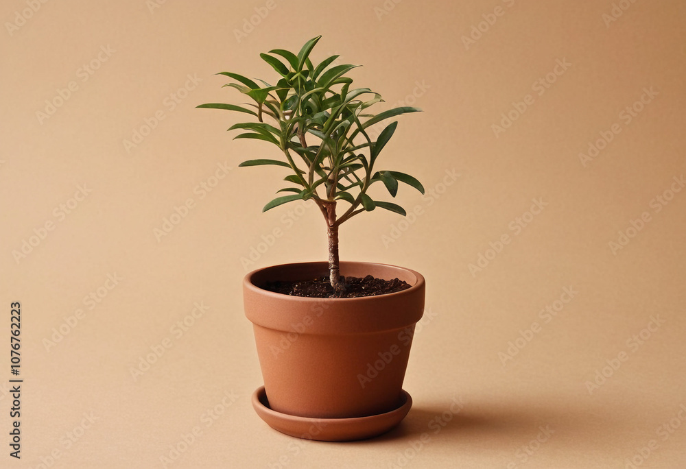 Obraz premium Small Potted Plant in a Terracotta Pot on a Neutral Background