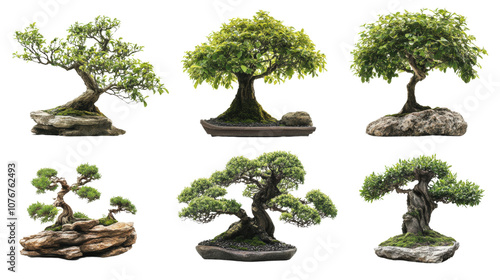 A collection of beautiful bonsai trees showcasing unique shapes and vibrant foliage. photo