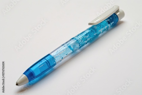 Photo of A blue and white the utilizable pen on a plain background, front view. photo