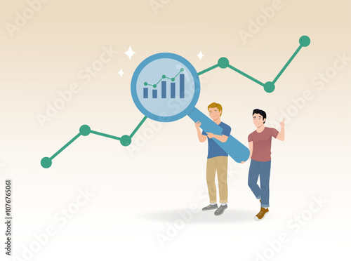 Evaluation to find results Data analysis, surveys, optimization or marketing analysis for improving statistics, measuring growth or KPI, employees hold magnifying glass analyzing data graph. Vector 