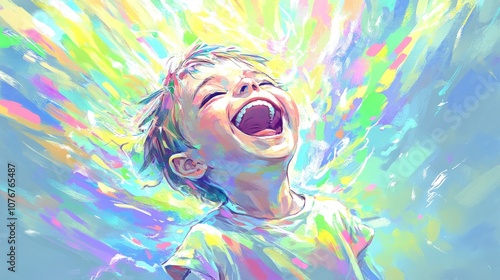 A joyful child laughs with vibrant colors exploding around them, symbolizing happiness and creativity.