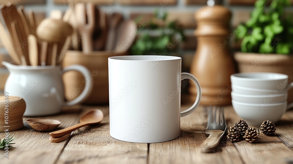 Obraz premium A serene kitchen scene featuring a blank mug and utensils.