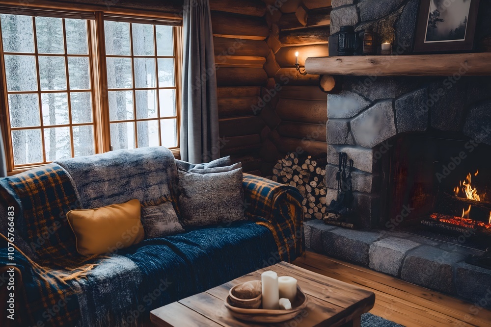 Fototapeta premium A cozy cabin style living room with a sofa, a stone fireplace, and rustic wooden decor, interior furniture design, 3D render, Home decoration, Wall Mockup