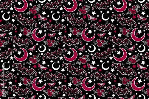 Fantasy seamless pattern of different elements. Bats, roses and moon