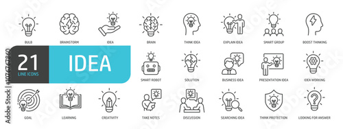 Set of line icons related to idea, creative, innovation, solution, thinking. Outline icons collection. Editable stroke. Vector illustration. photo