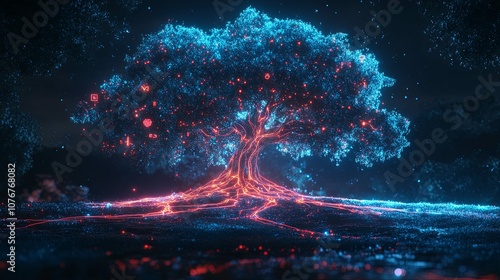 A Glowing Blue Tree with Red Root System and Sparks photo