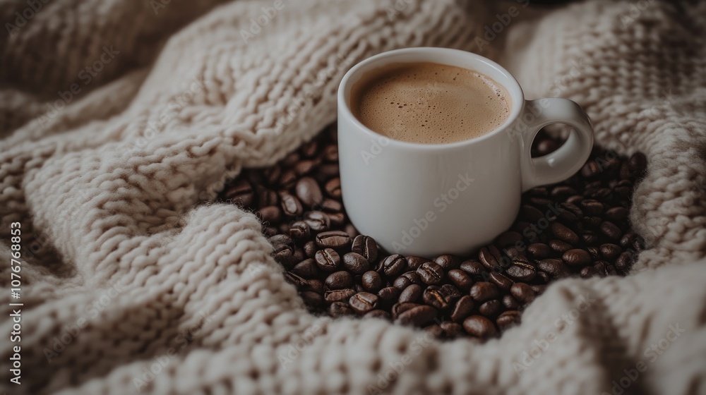 Cozy White Cup with Hot Coffee on Stylish Knit Blanket Cozy White Cup with Hot Coffee on Stylish Knit Blanket