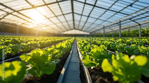 A large greenhouse with sleek solar panels on its roof, sunlight reflecting off the glass, rows of vibrant plants inside, set against a bright blue sky, photo