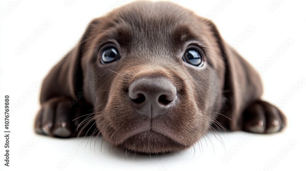 Close up of a labrador puppy with nose touching the camera on a white background Close up of a labrador puppy with nose touching the camera on a white background