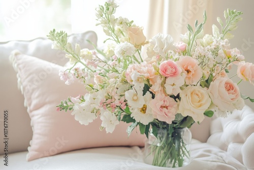 Spring home decor with pastel colors, floral arrangements, and soft fabrics