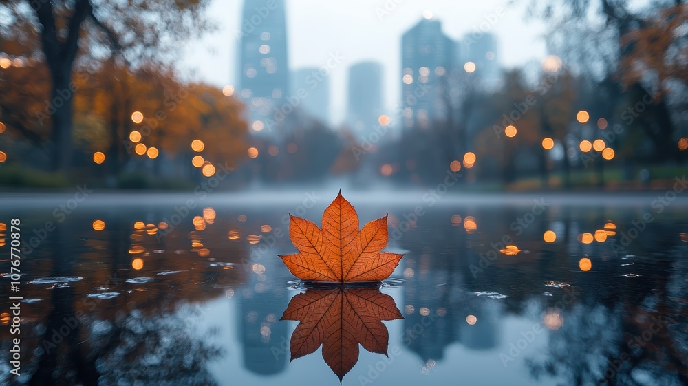 A Fallen Leaf Drifts Silently on the Lake Reflecting the Cityscape's Serenity at Dusk A Fallen Leaf Drifts Silently on the Lake Reflecting the Cityscape's Serenity at Dusk