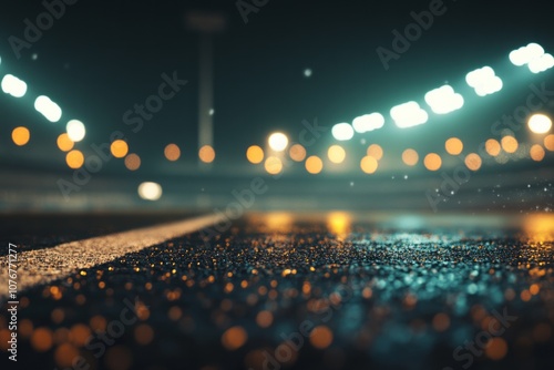 stadium pitch, shallow depth of field, bokeh blur, night lights