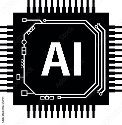 AI Microchip Icon, Artificial Intelligence Circuit Design.