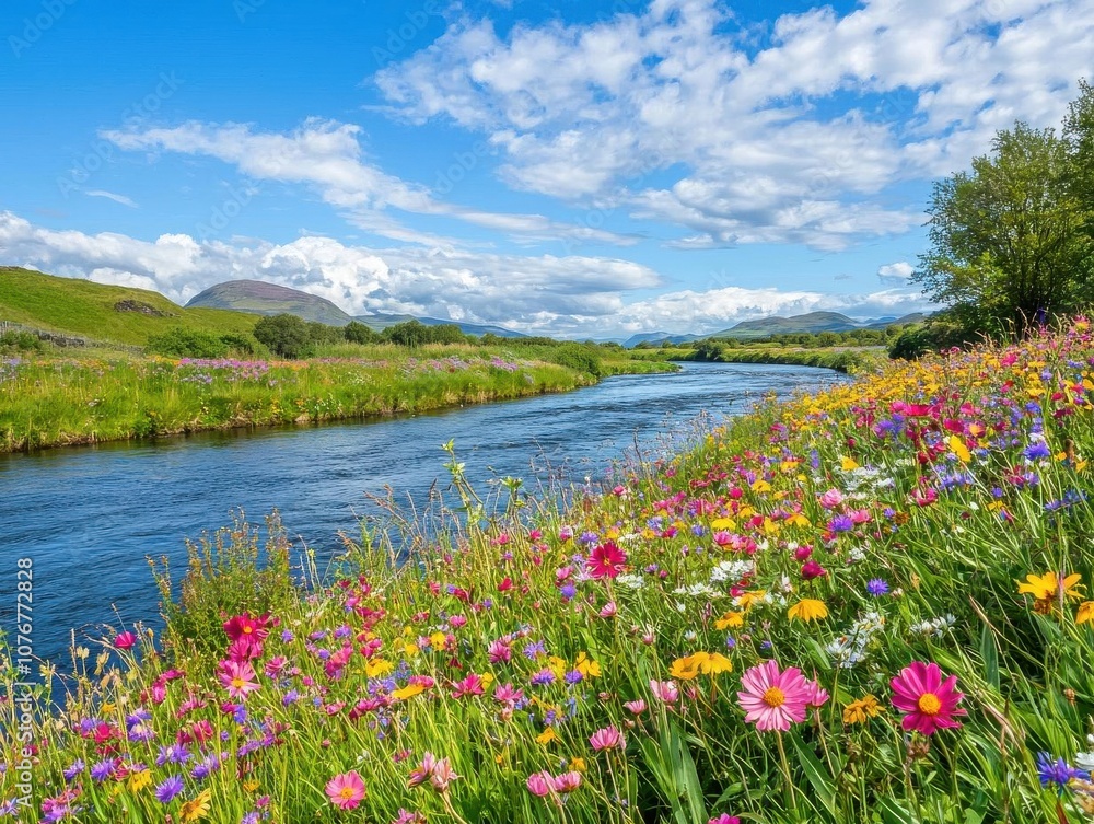 Fototapeta premium A river flowing through a lush spring landscape, wildflowers and green grasses lining the bank, vibrant and fresh under a blue sky