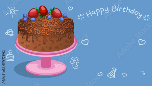 Birthday cake. Greeting card, holiday gift, party gift. Chocolate dessert with chocolate chips in the form of curls. Healthy berries. Drops of dripping chocolate. Easy to add text and name. 