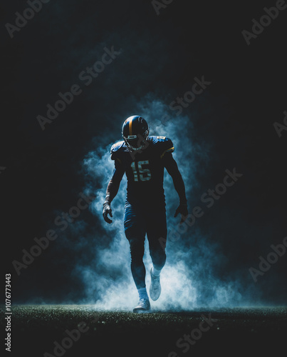 American football player walking out of the smoke and onto the playing field
