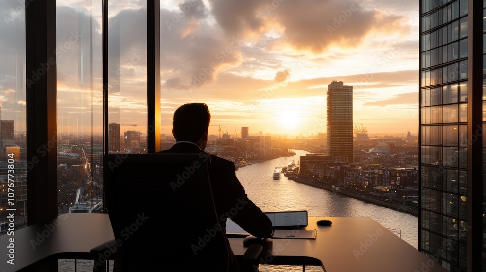 Fototapeta premium A silhouette of a person in an office chair gazes at a stunning sunset over a cityscape, reflecting ambition and tranquility.