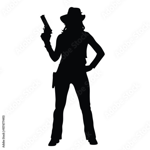 A woman is holding a gun. She is wearing a cowboy hat. She is standing in front of a white background