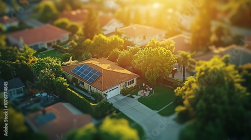 Aerial view of a suburban home with solar water heaters installed on the roof, family inside enjoying hot water, sun reflecting off the panels, high-resolution image, hdr quality, photo