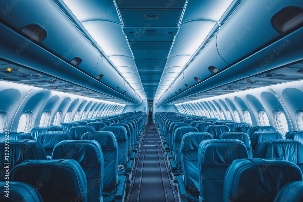 Fototapeta premium Airplane interior with empty seats. Blue toned.