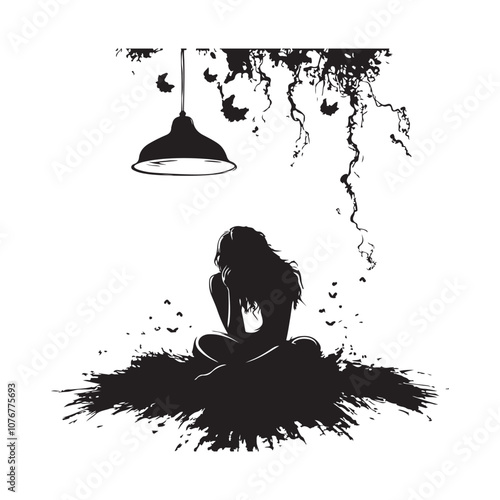 Silhouette Depressed Woman Sitting In Dark Room Feeling Overwhelmed vector image isolated on white background