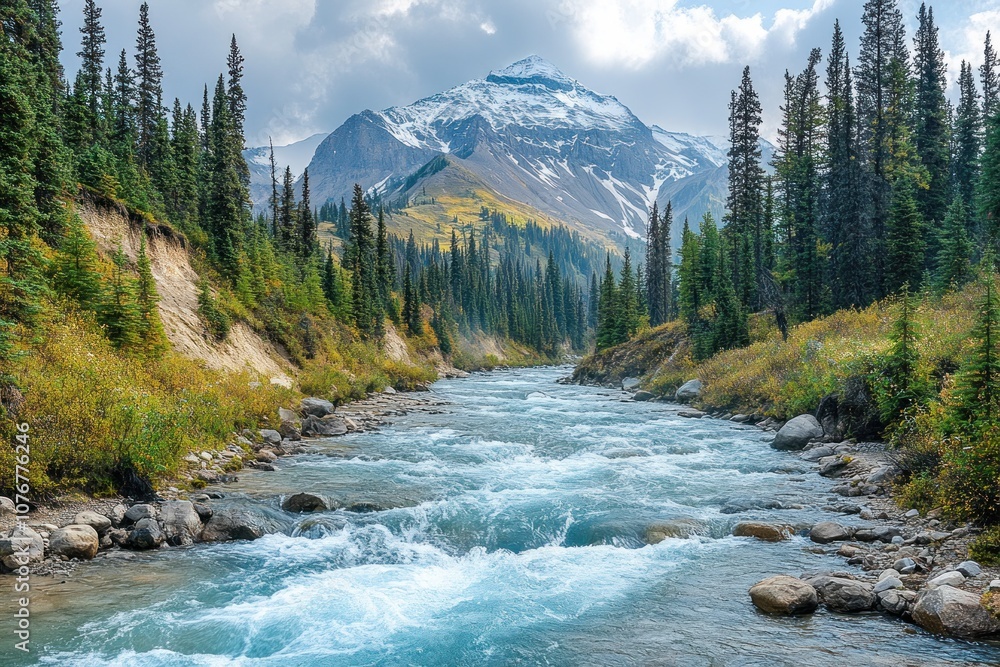 Obraz premium A Mountain Stream Flows Through a Valley With Snow-Capped Peaks