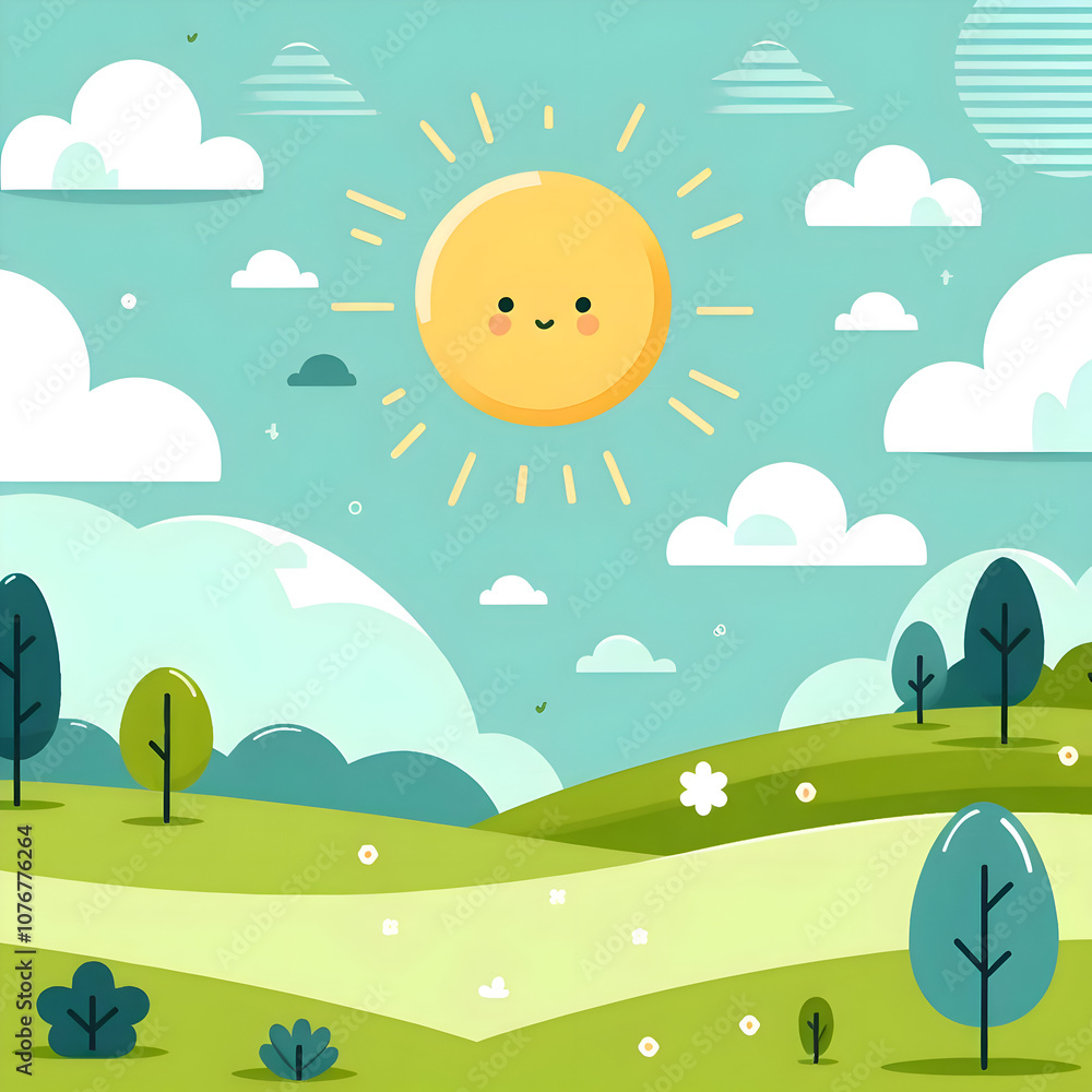 Naklejka premium background with a simplistic flat illustration. There is a large yellow sun . There are small blue clouds scattered across the sky. The ground is a green grassy field with trees