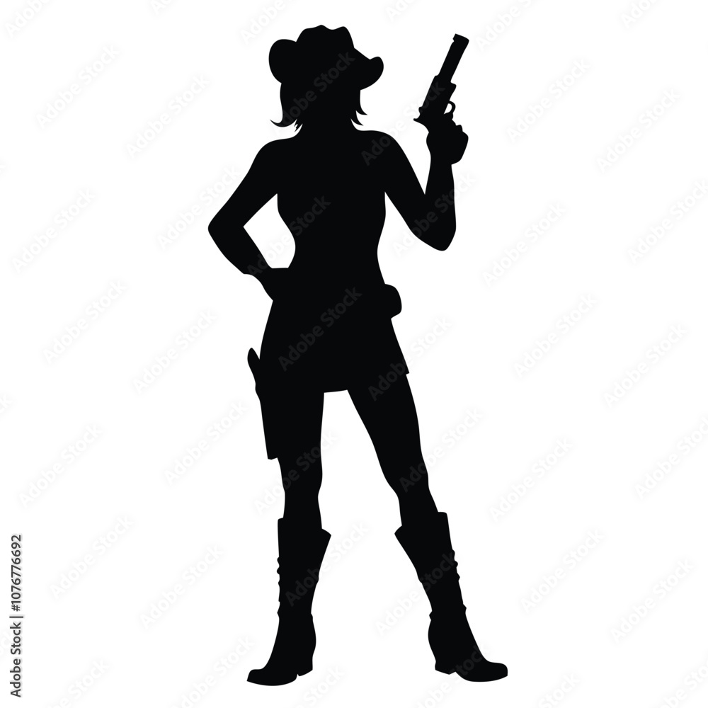 A woman is holding a gun. She is wearing a cowboy hat. She is standing in front of a white background A woman is holding a gun. She is wearing a cowboy hat. She is standing in front of a white background