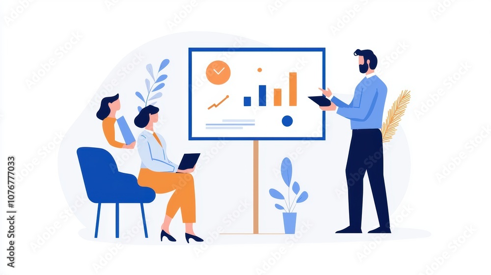 A business presentation scene with three individuals engaging by a chart on a screen, showcasing data analysis and teamwork. A business presentation scene with three individuals engaging by a chart on a screen, showcasing data analysis and teamwork.