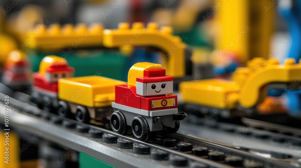 Fototapeta premium A colorful toy train made of building blocks travels along a track, showcasing playful creativity and imagination.