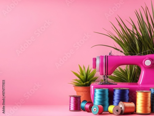 Vibrant sewing machine with colorful threads. photo