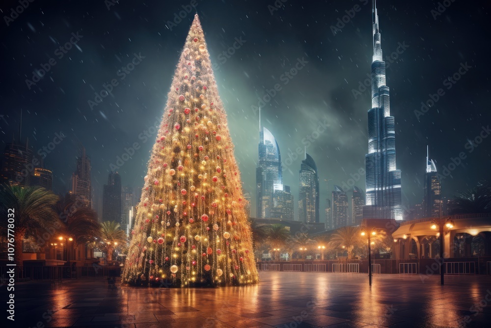 Fototapeta premium Christmas tree architecture building night.