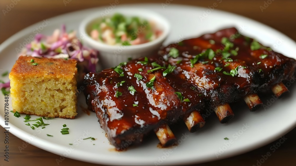 A plate of ribs with cornbread and coleslaw A plate of ribs with cornbread and coleslaw