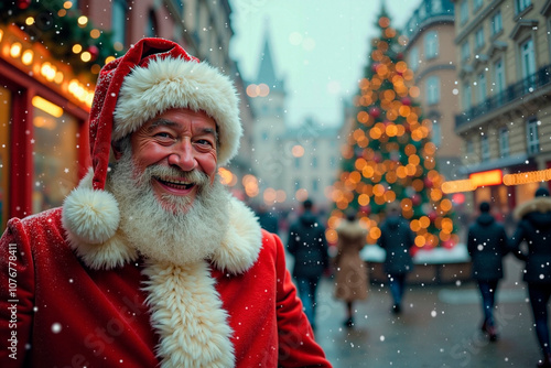 Santa Claus at the street, smile and happy photo