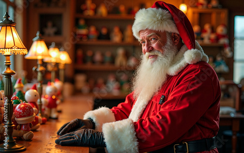 Santa Claus at the cozy workshop, crafting toys and gifts photo