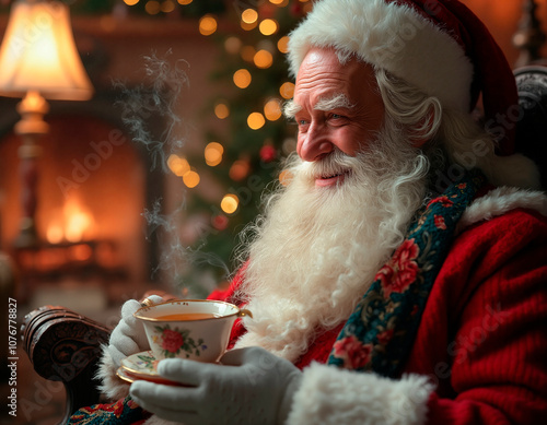 Santa Claus resting, drinking tea photo